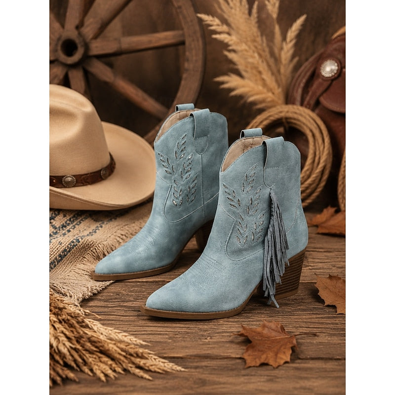 Western Boots Damen mit Blockabsatz und Fransen - 9 - Jasminaboutique.com