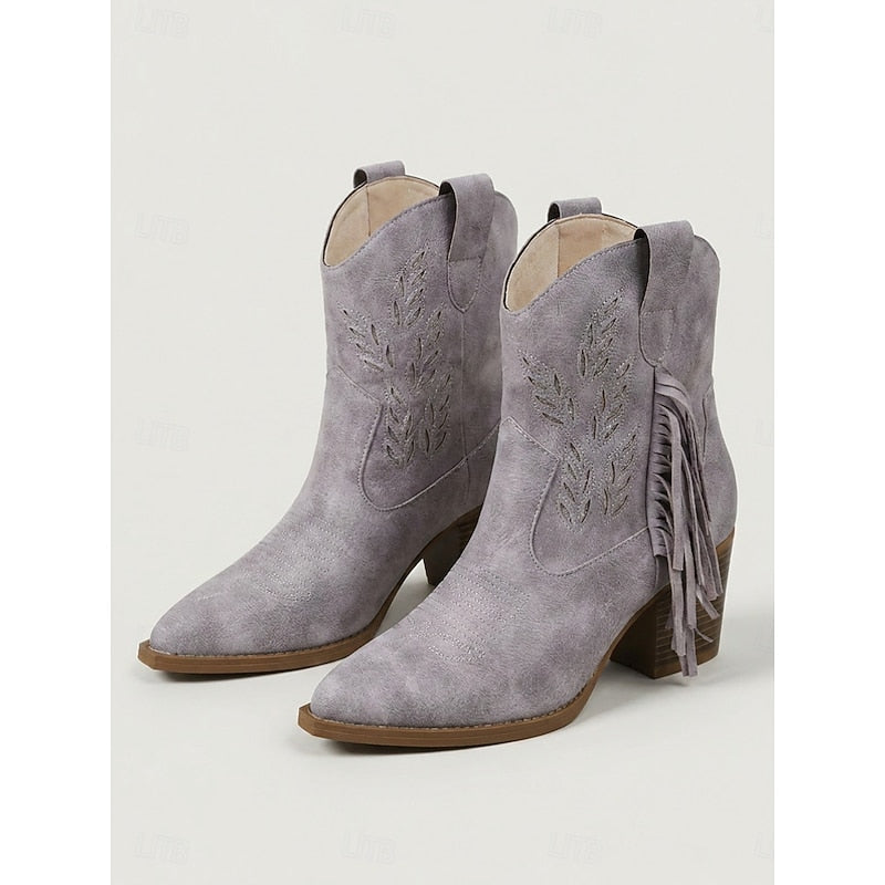 Western Boots Damen mit Blockabsatz und Fransen - 12 - Jasminaboutique.com