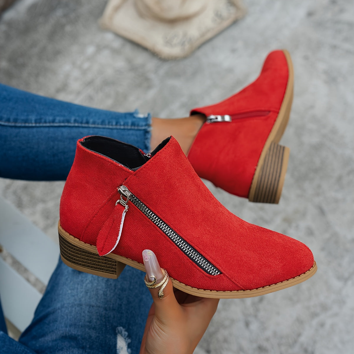 Ankle Boots Damen mit seitlichem Reißverschluss und Blockabsatz - 12 - Jasminaboutique.com