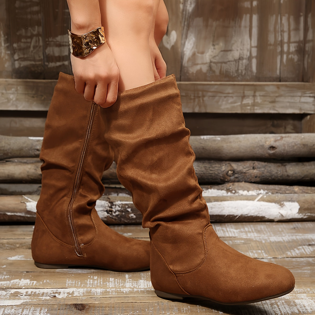 Schlupfstiefel Damen mit sanfter Raffung und Reißverschluss - 9 - Jasminaboutique.com
