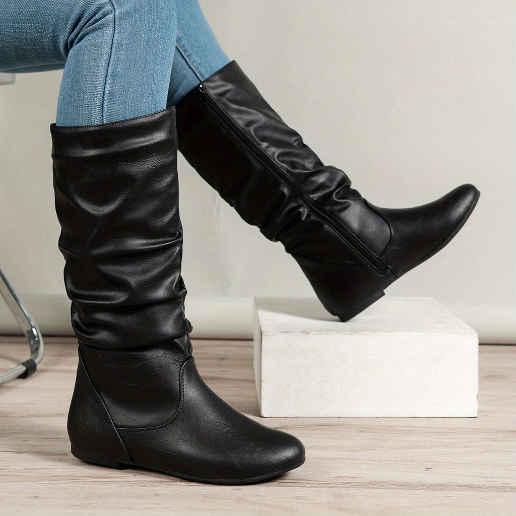 Schwarze Slouch Mid-Calf Boots Damen mit Reißverschluss - 1 - Jasminaboutique.com