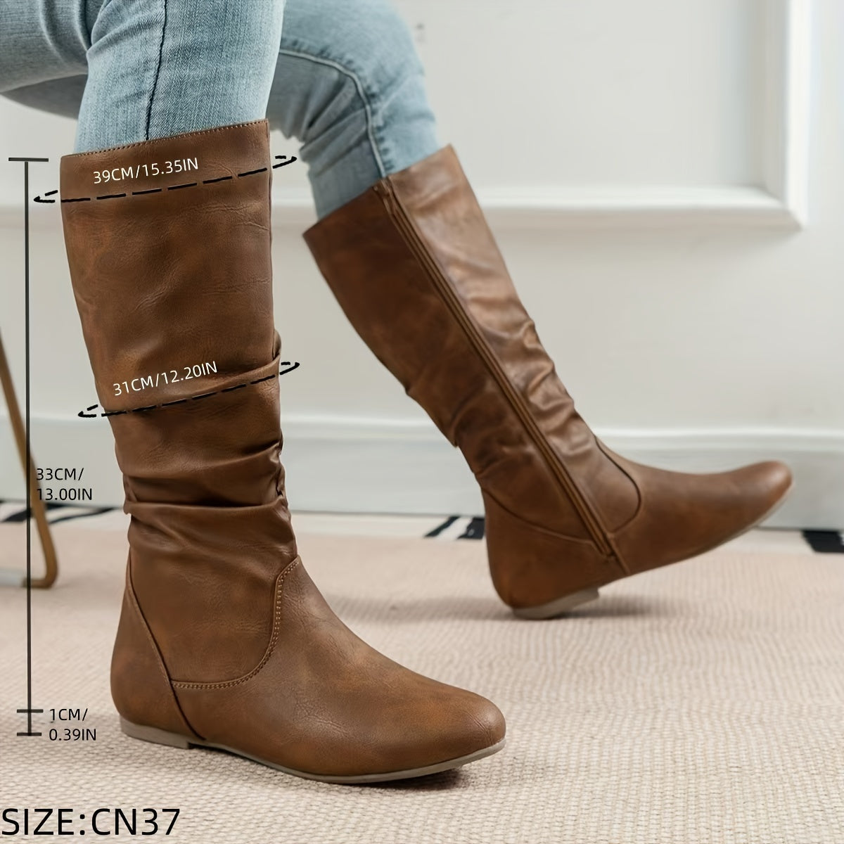 Schwarze Slouch Mid-Calf Boots Damen mit Reißverschluss - 3 - Jasminaboutique.com