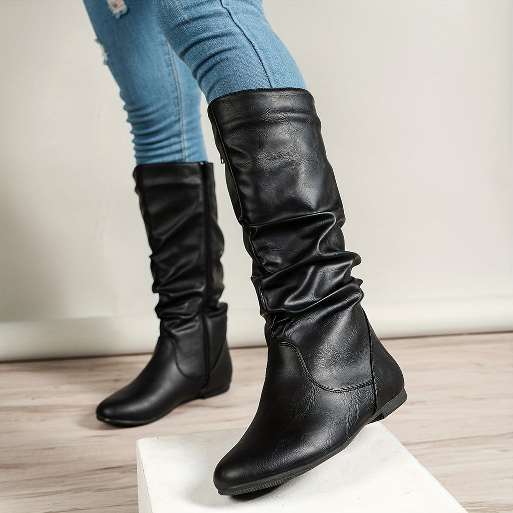 Schwarze Slouch Mid-Calf Boots Damen mit Reißverschluss - 9 - Jasminaboutique.com