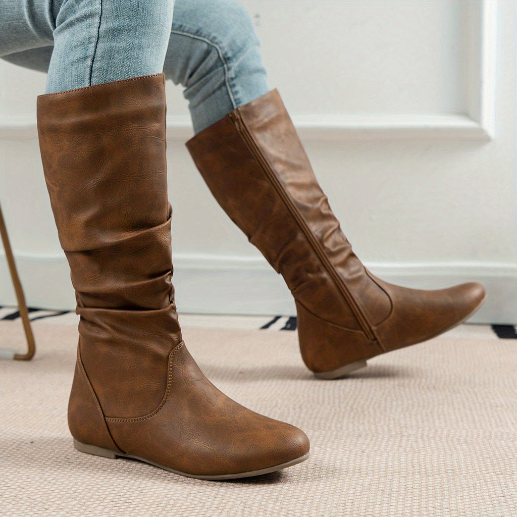 Schwarze Slouch Mid-Calf Boots Damen mit Reißverschluss - 15 - Jasminaboutique.com