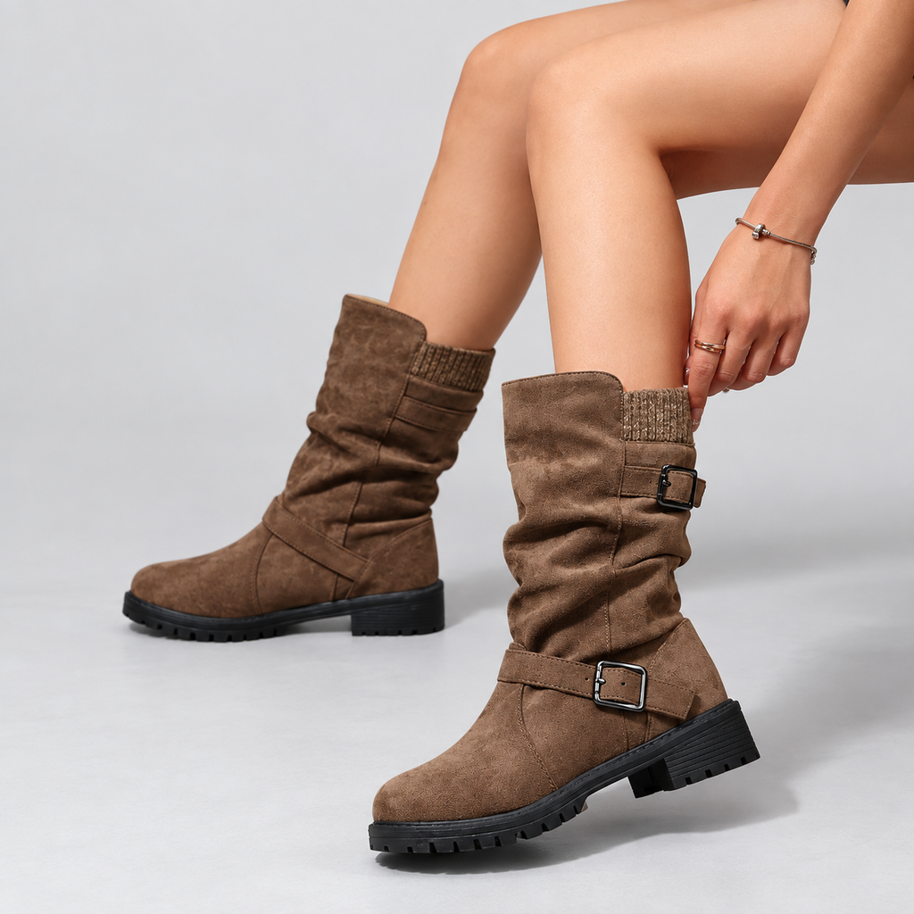 Slouch-Boots Damen mit Schnallen und Chunky-Sohle - 1 - Jasminaboutique.com