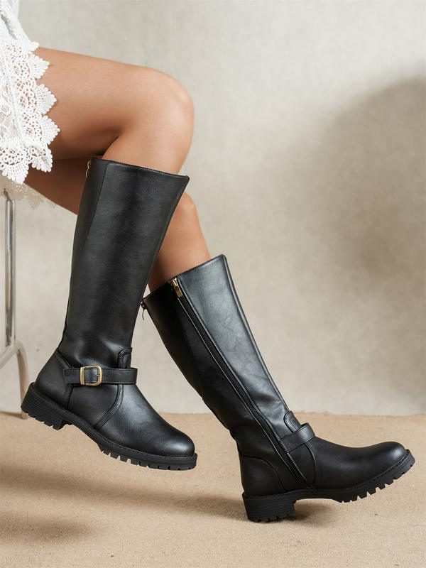Reiterstiefel Damen mit Schnallen-Detail und seitlichem Reißverschluss - 1 - Jasminaboutique.com