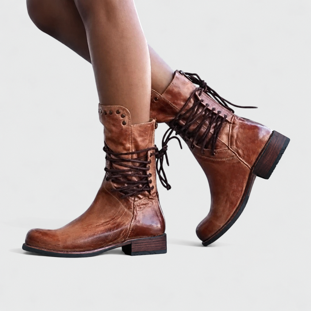 Lace-Up Boots Damen mit Blockabsatz und Nieten - 2 - Jasminaboutique.com