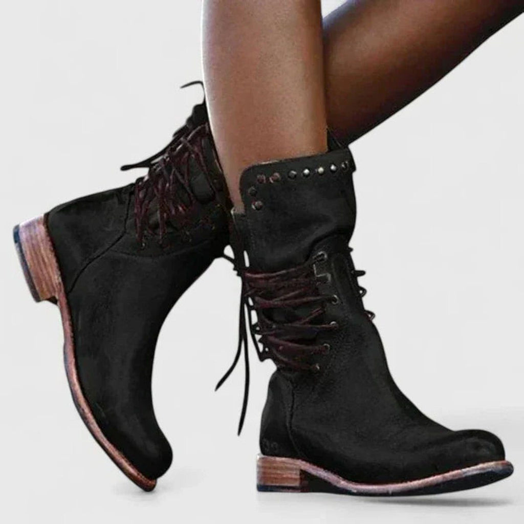 Lace-Up Boots Damen mit Blockabsatz und Nieten - 3 - Jasminaboutique.com