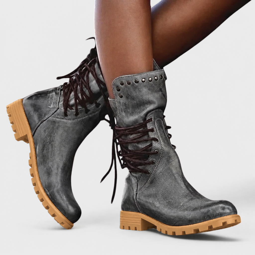Lace-Up Boots Damen mit Blockabsatz und Nieten - 4 - Jasminaboutique.com