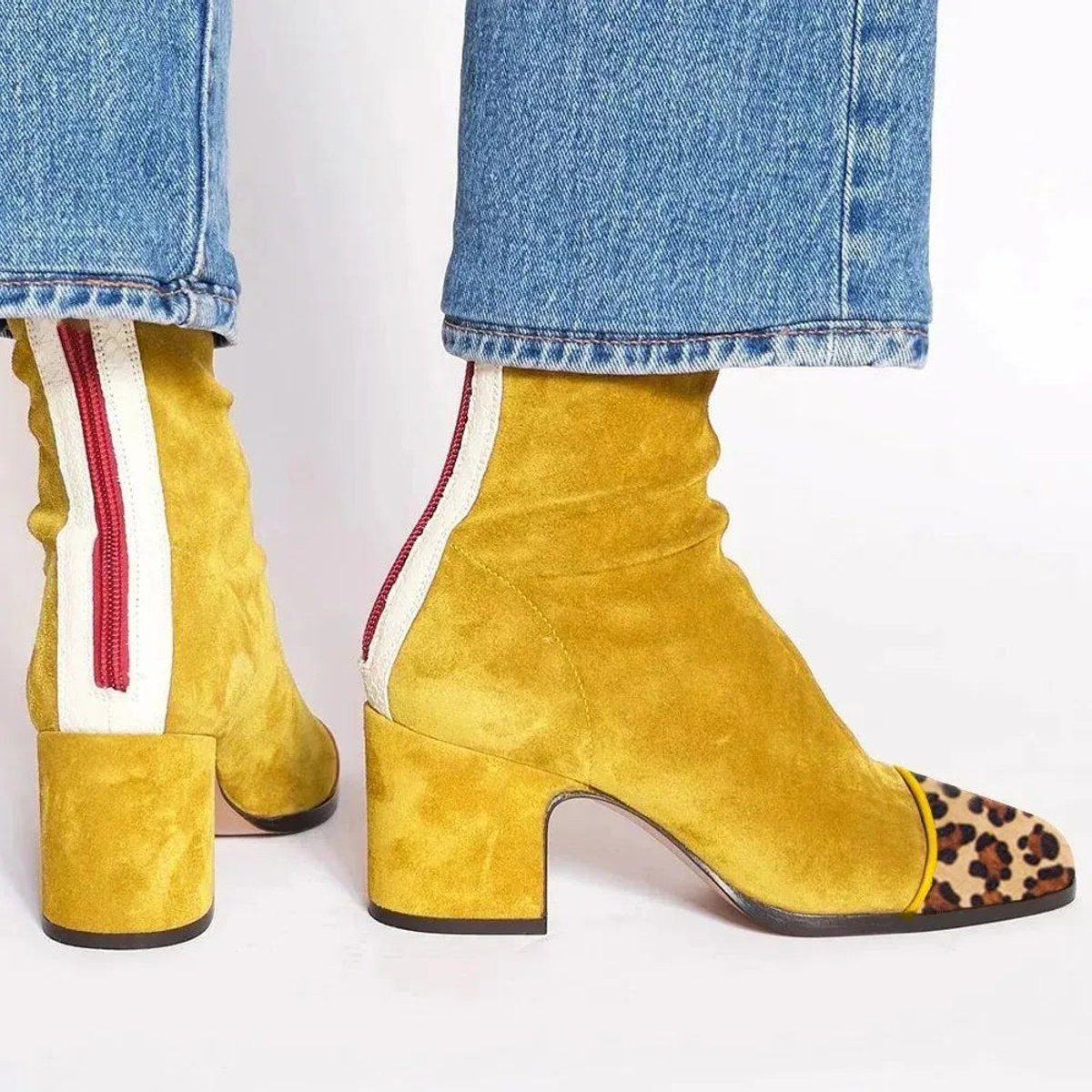 Block Heel Stiefel Damen mit Leopardenzehen und Reißverschluss - 1 - Jasminaboutique.com