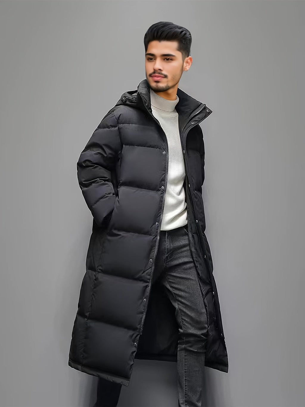 Herren Wintermantel lang mit Kapuze und taillierter Passform - 2 - Jasminaboutique.com