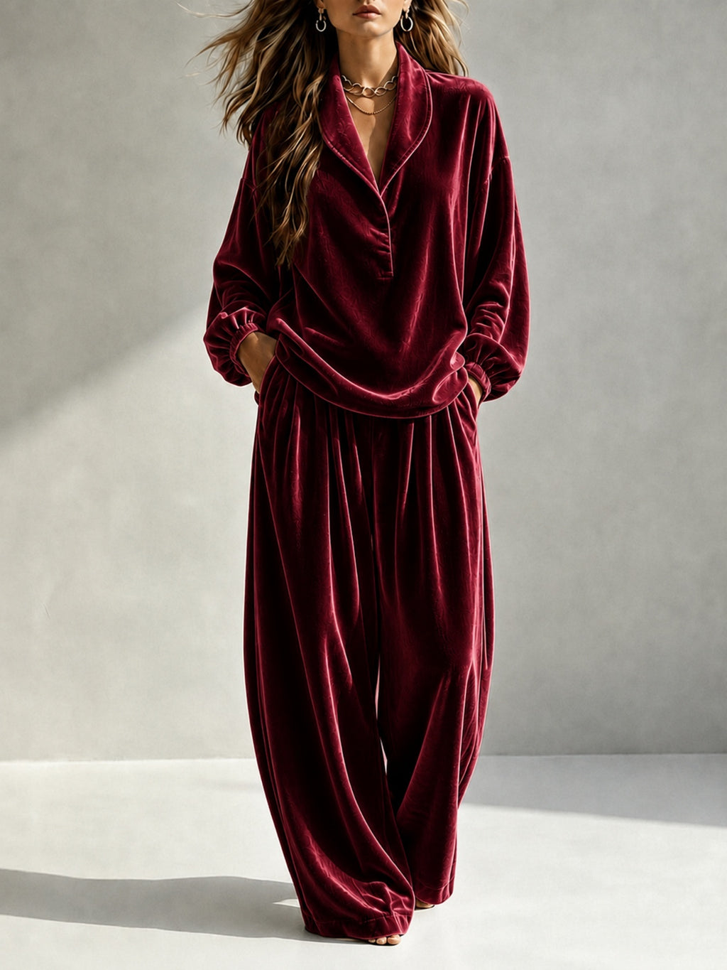 Lounge Set Damen mit Langarm und weit geschnittenen Hosen - 1 - Jasminaboutique.com