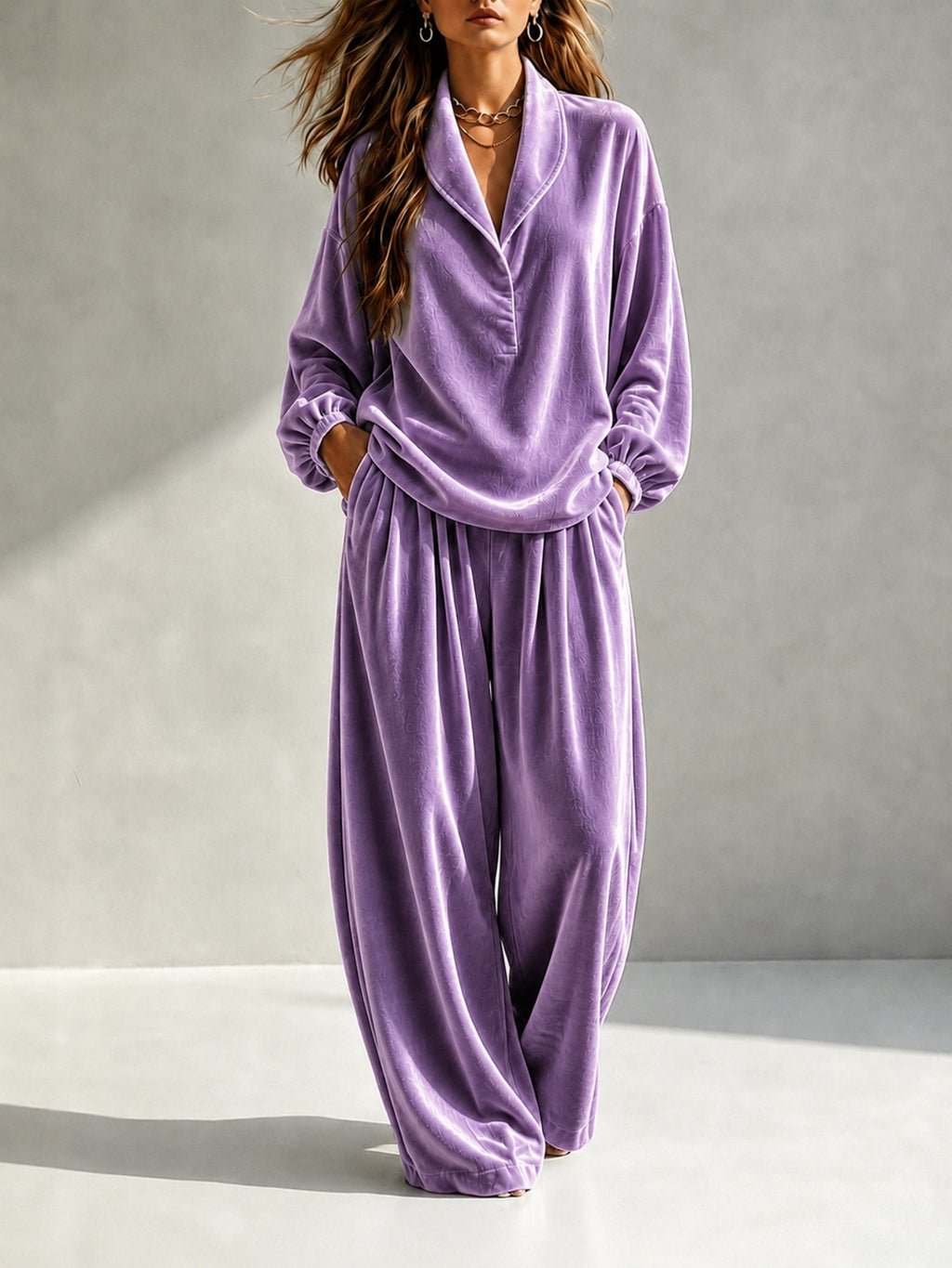 Lounge Set Damen mit Langarm und weit geschnittenen Hosen - 3 - Jasminaboutique.com