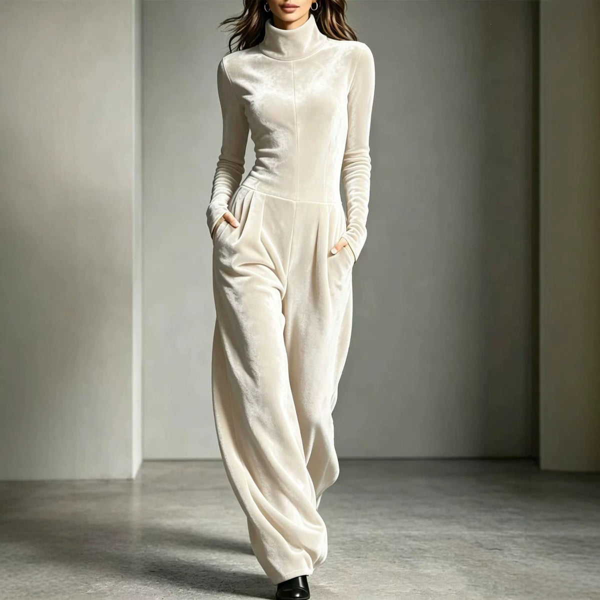 Jumpsuit Damen mit Stehkragen, Langarm und weitem Schnitt - 1 - Jasminaboutique.com