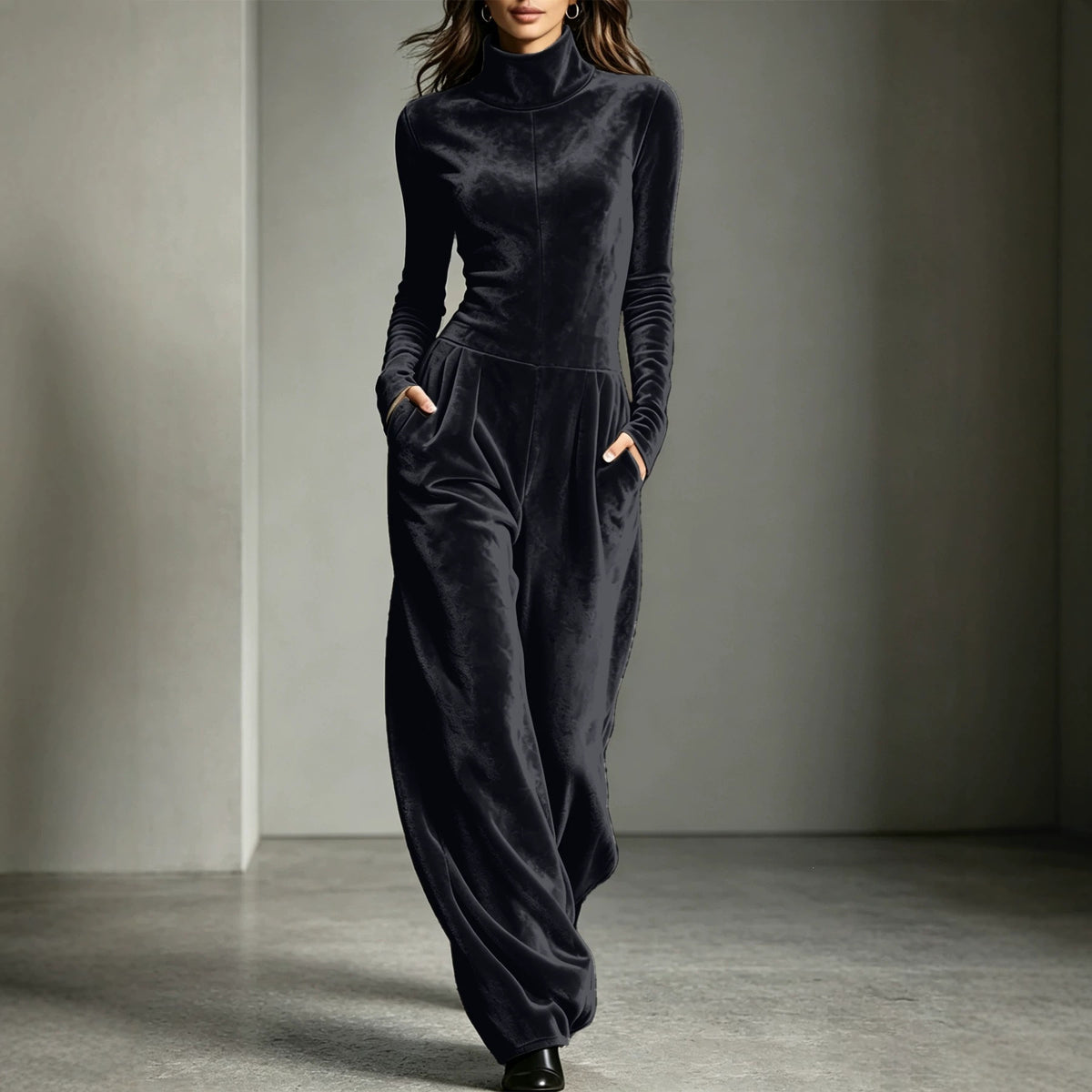 Jumpsuit Damen mit Stehkragen, Langarm und weitem Schnitt - 2 - Jasminaboutique.com