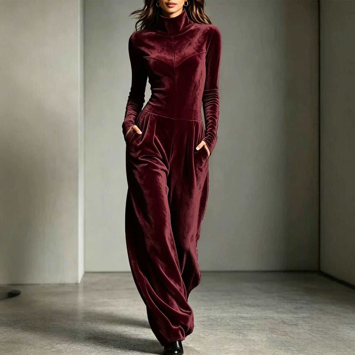 Jumpsuit Damen mit Stehkragen, Langarm und weitem Schnitt - 3 - Jasminaboutique.com