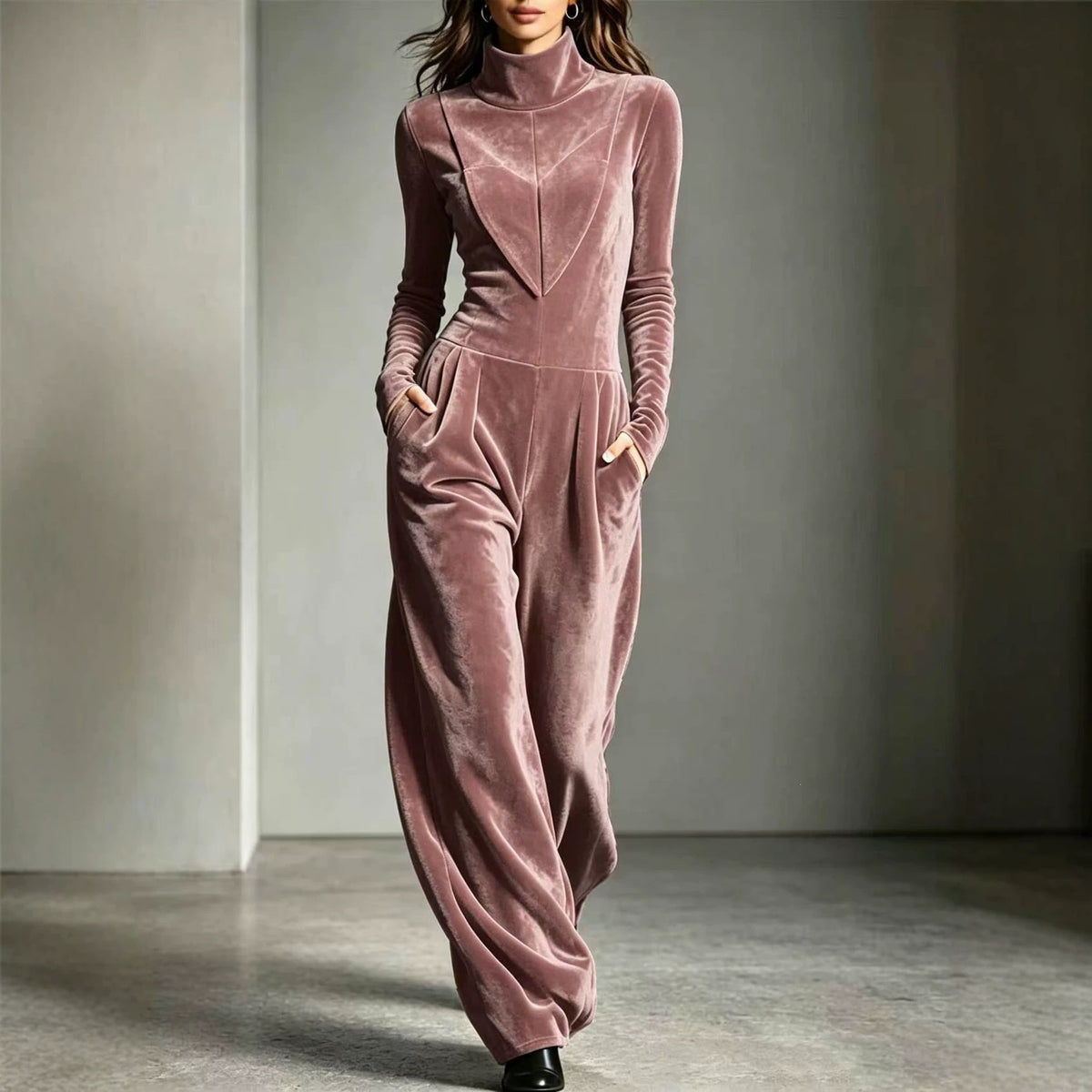 Jumpsuit Damen mit Stehkragen, Langarm und weitem Schnitt - 4 - Jasminaboutique.com