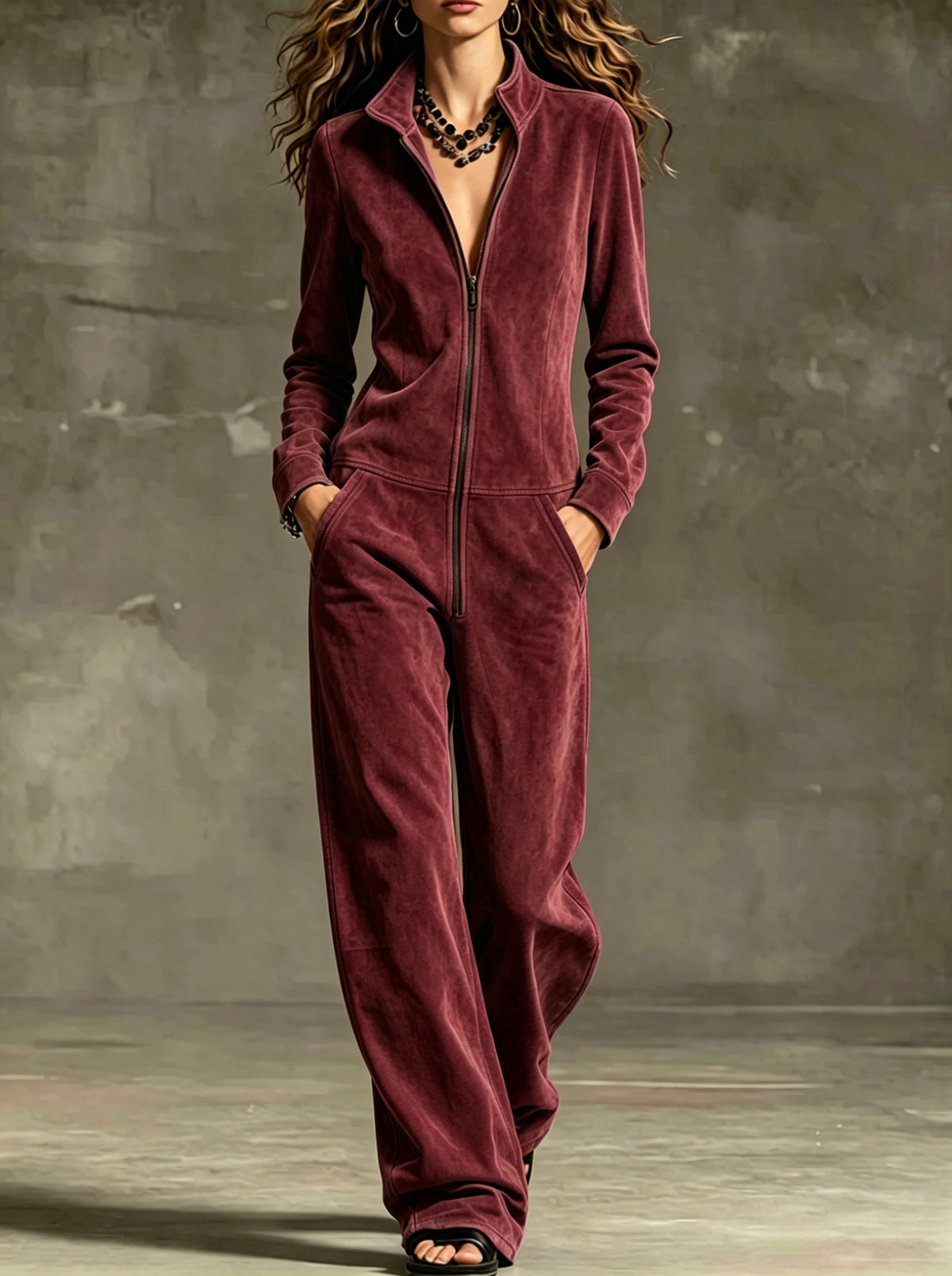 Jumpsuit Damen mit Reißverschlusstaschen und weitem Bein - 1 - Jasminaboutique.com