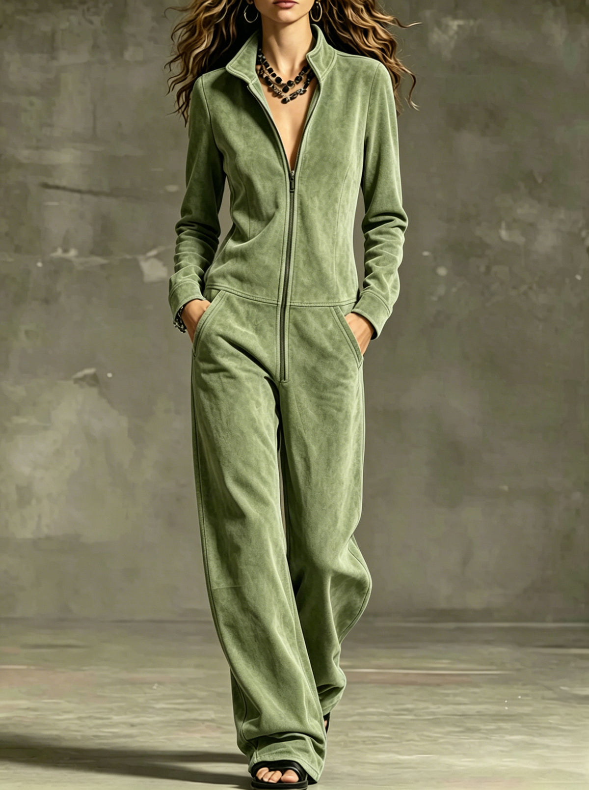 Jumpsuit Damen mit Reißverschlusstaschen und weitem Bein - 2 - Jasminaboutique.com