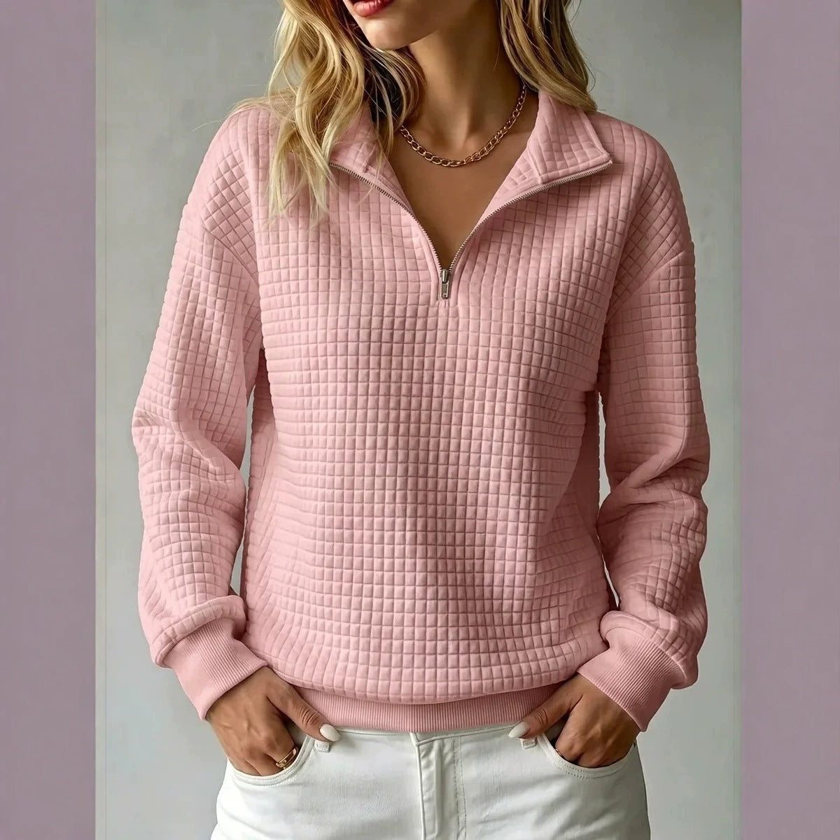 Sweatshirt Damen mit Stehkragen und Reißverschluss, Oversize-Schnitt - 2 - Jasminaboutique.com