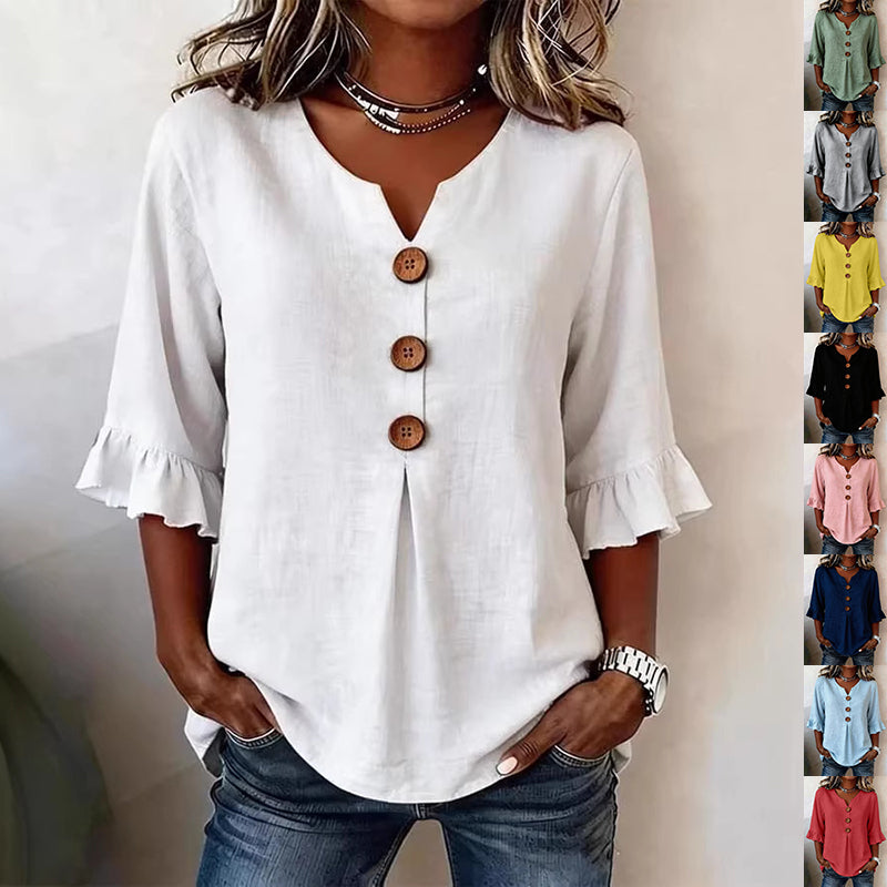 Bluse Damen mit Rüschensleeves und V-Ausschnitt, Knopfdetails - 1 - Jasminaboutique.com