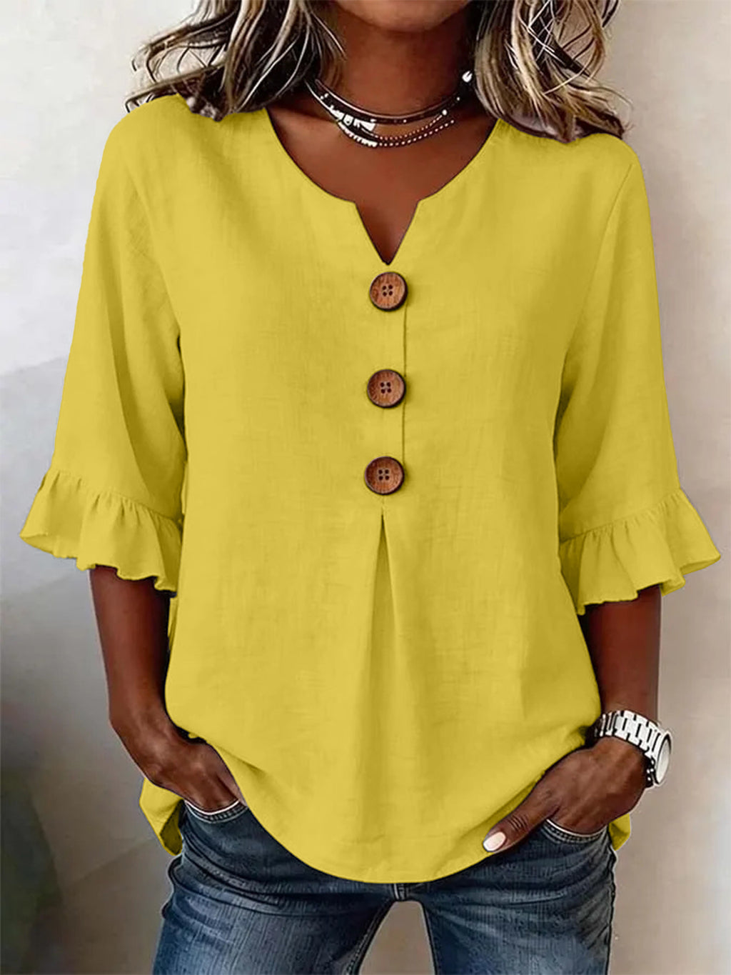 Bluse Damen mit Rüschensleeves und V-Ausschnitt, Knopfdetails - 3 - Jasminaboutique.com