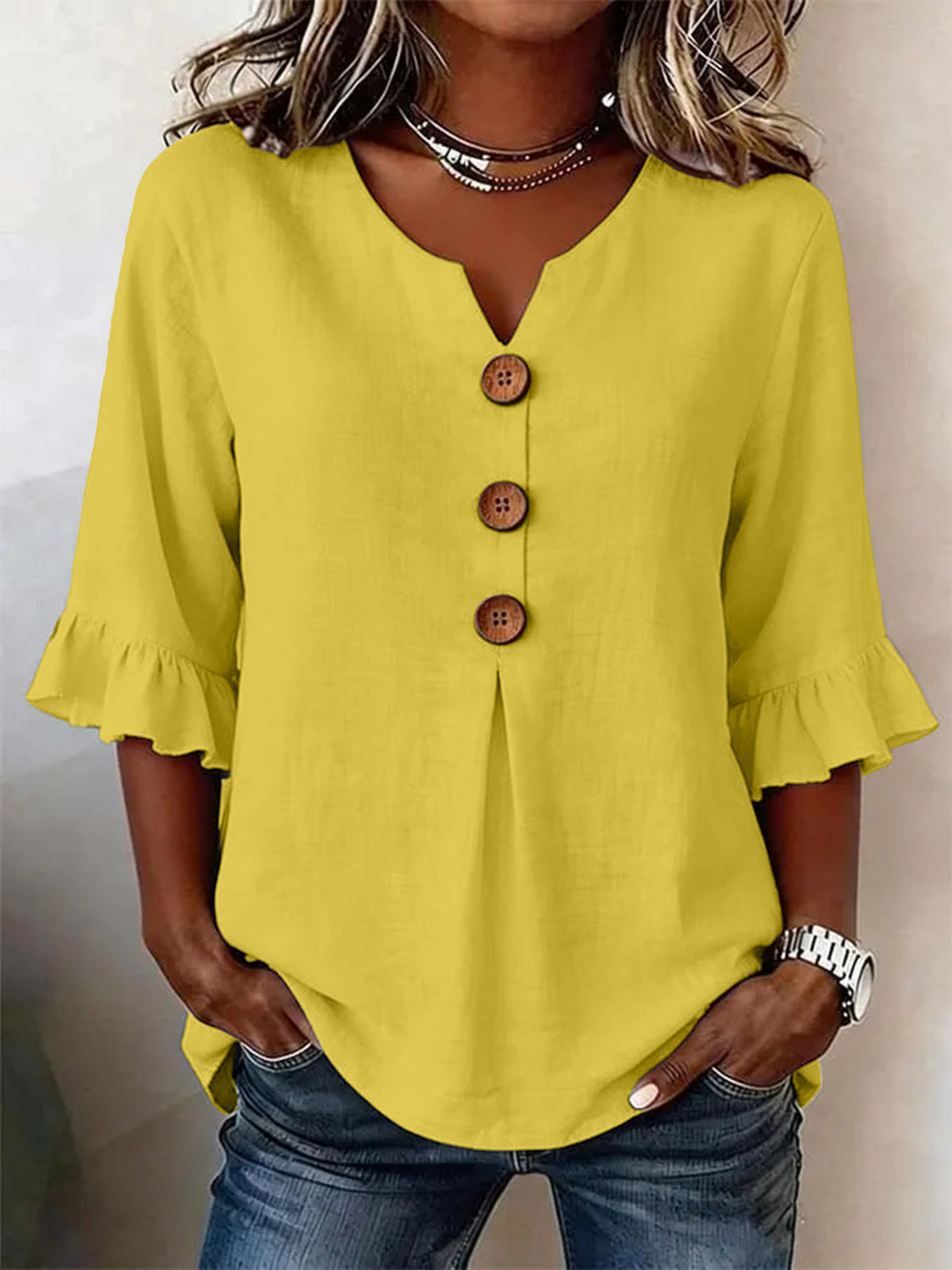 Bluse Damen mit Rüschensleeves und V-Ausschnitt, Knopfdetails - 3 - Jasminaboutique.com