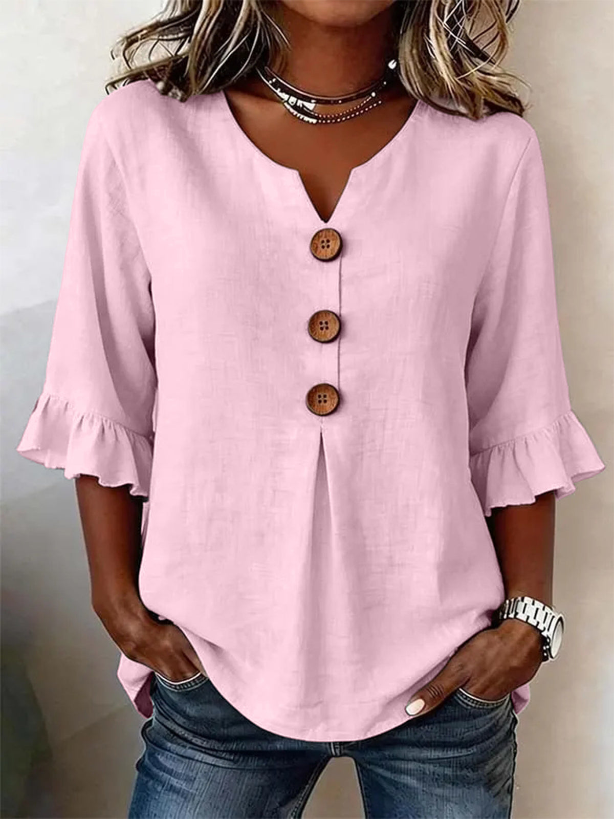 Bluse Damen mit Rüschensleeves und V-Ausschnitt, Knopfdetails - 7 - Jasminaboutique.com