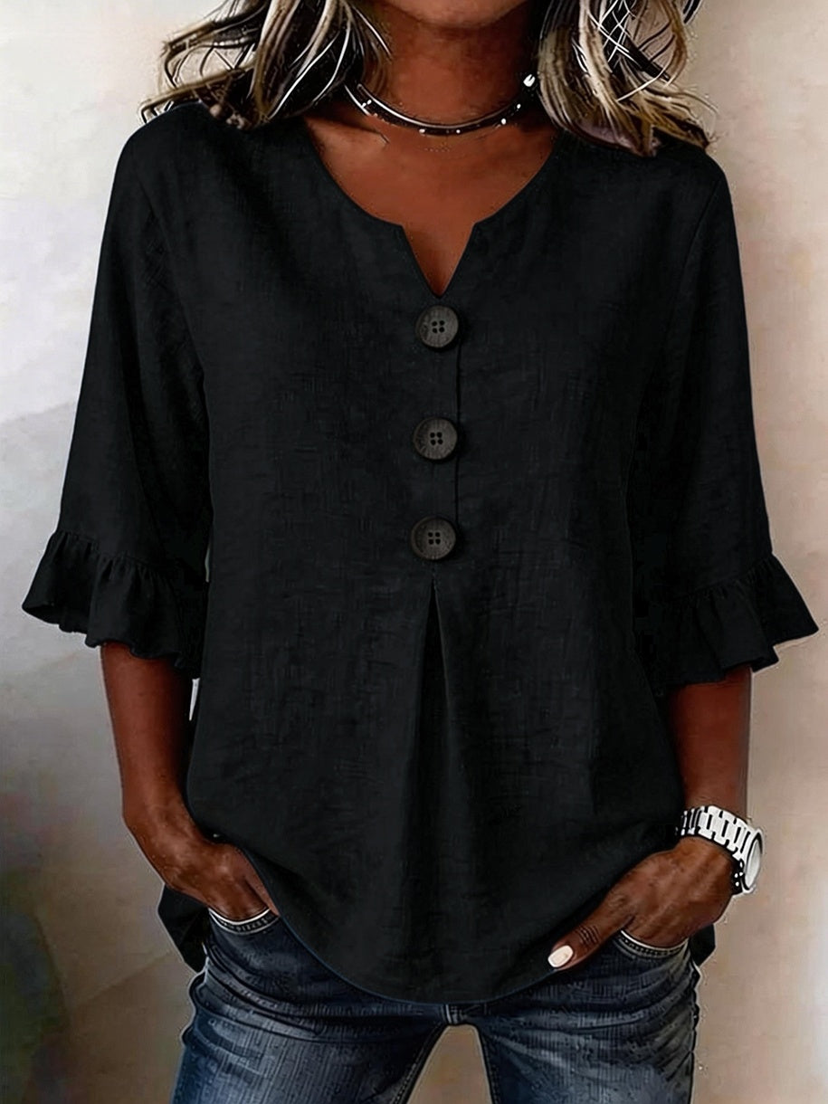 Bluse Damen mit Rüschensleeves und V-Ausschnitt, Knopfdetails - 8 - Jasminaboutique.com