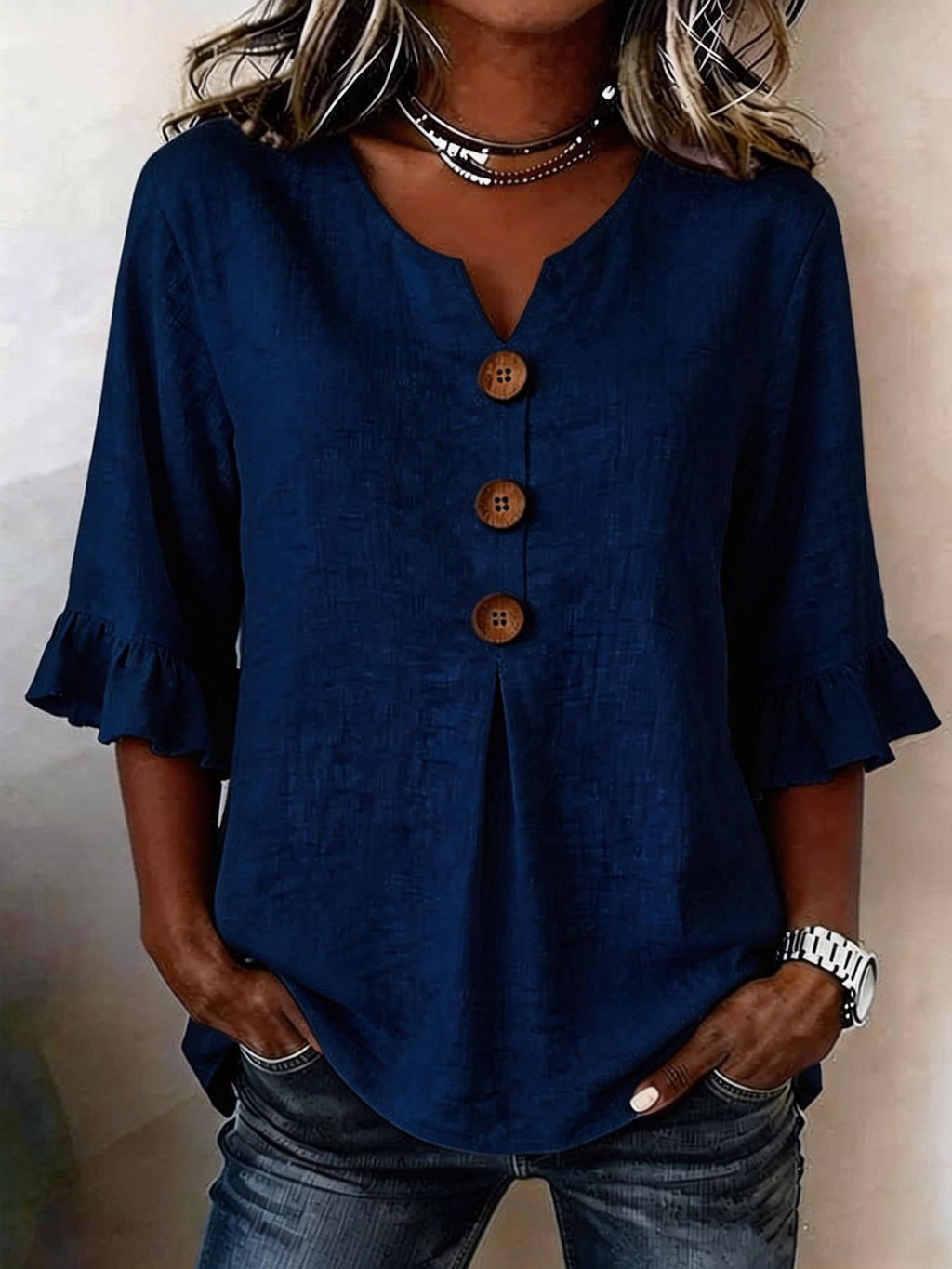 Bluse Damen mit Rüschensleeves und V-Ausschnitt, Knopfdetails - 11 - Jasminaboutique.com