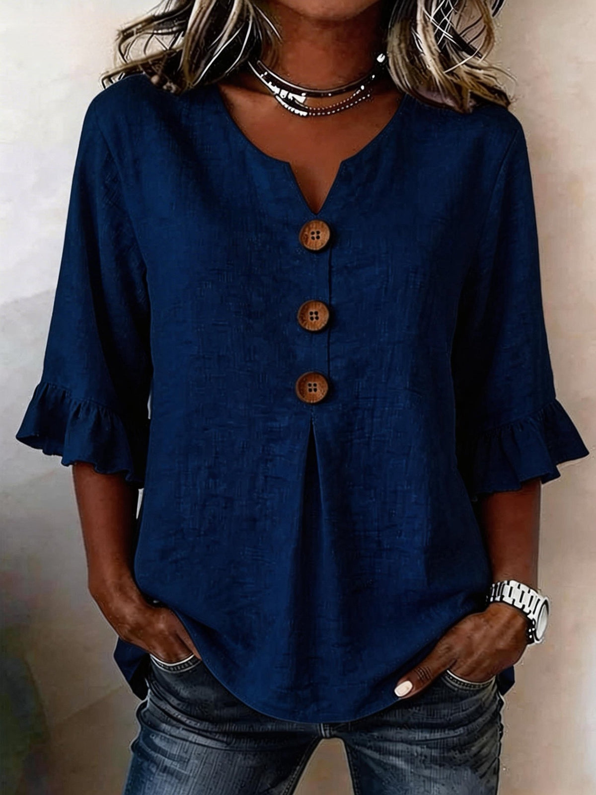 Bluse Damen mit Rüschensleeves und V-Ausschnitt, Knopfdetails - 11 - Jasminaboutique.com