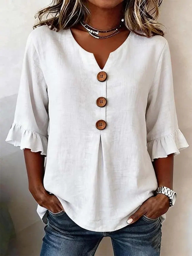 Bluse Damen mit Rüschensleeves und V-Ausschnitt, Knopfdetails - 15 - Jasminaboutique.com