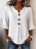 Bluse Damen mit Rüschensleeves und V-Ausschnitt, Knopfdetails - 15 - Jasminaboutique.com