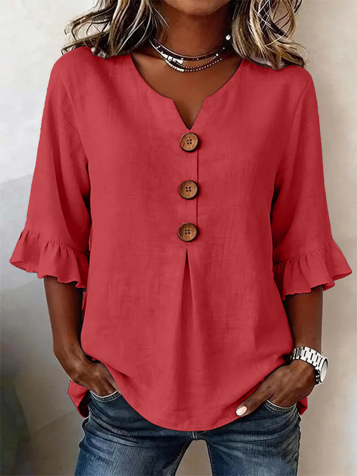Bluse Damen mit Rüschensleeves und V-Ausschnitt, Knopfdetails - 16 - Jasminaboutique.com
