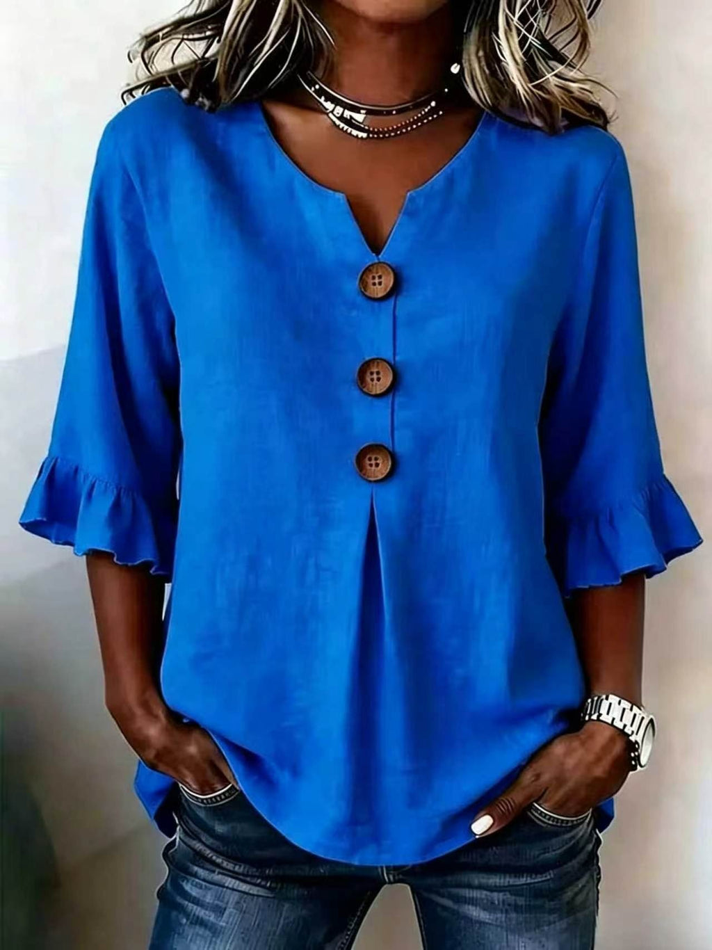 Bluse Damen mit Rüschensleeves und V-Ausschnitt, Knopfdetails - 17 - Jasminaboutique.com