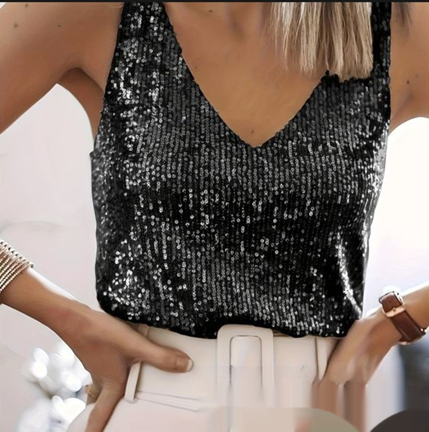 Tank Top Damen mit V-Ausschnitt und Glitzer-Details - 3 - Jasminaboutique.com