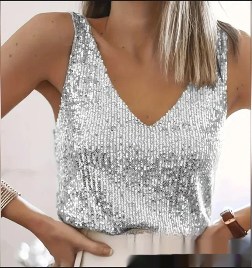 Tank Top Damen mit V-Ausschnitt und Glitzer-Details - 4 - Jasminaboutique.com