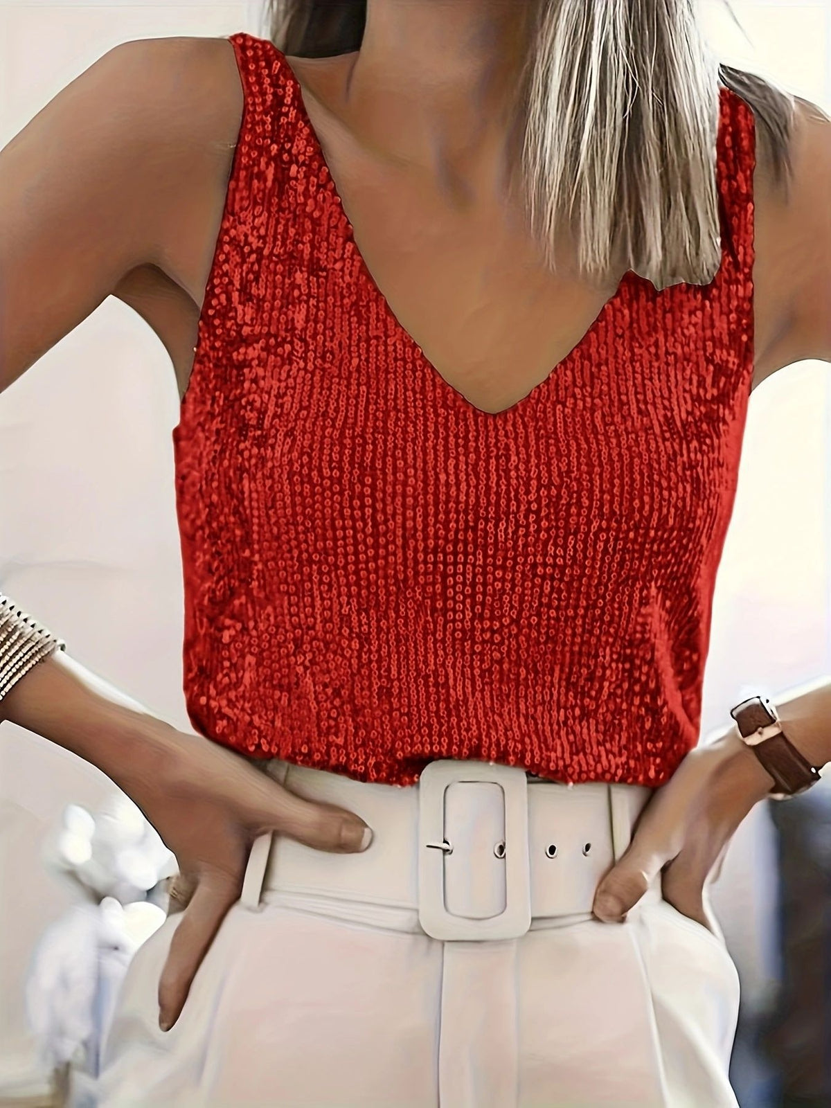 Tank Top Damen mit V-Ausschnitt und Glitzer-Details - 6 - Jasminaboutique.com