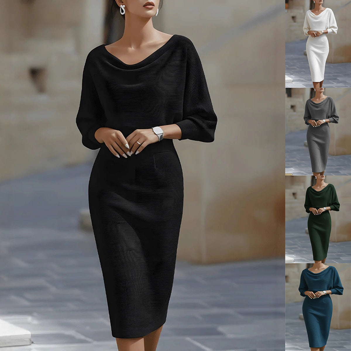 Midi Kleid Damen mit U-Boot-Ausschnitt und Puffärmeln - 1 - Jasminaboutique.com