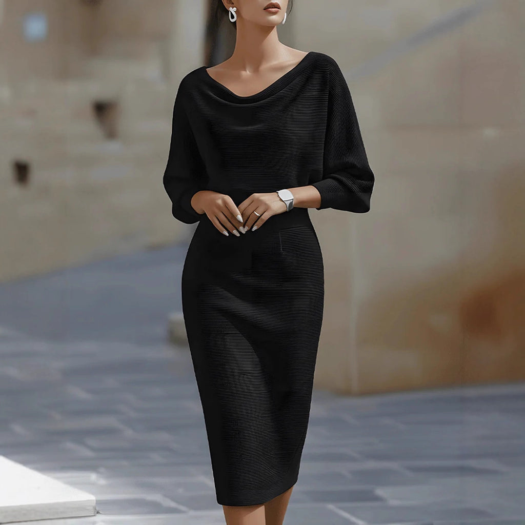 Midi Kleid Damen mit U-Boot-Ausschnitt und Puffärmeln - 6 - Jasminaboutique.com