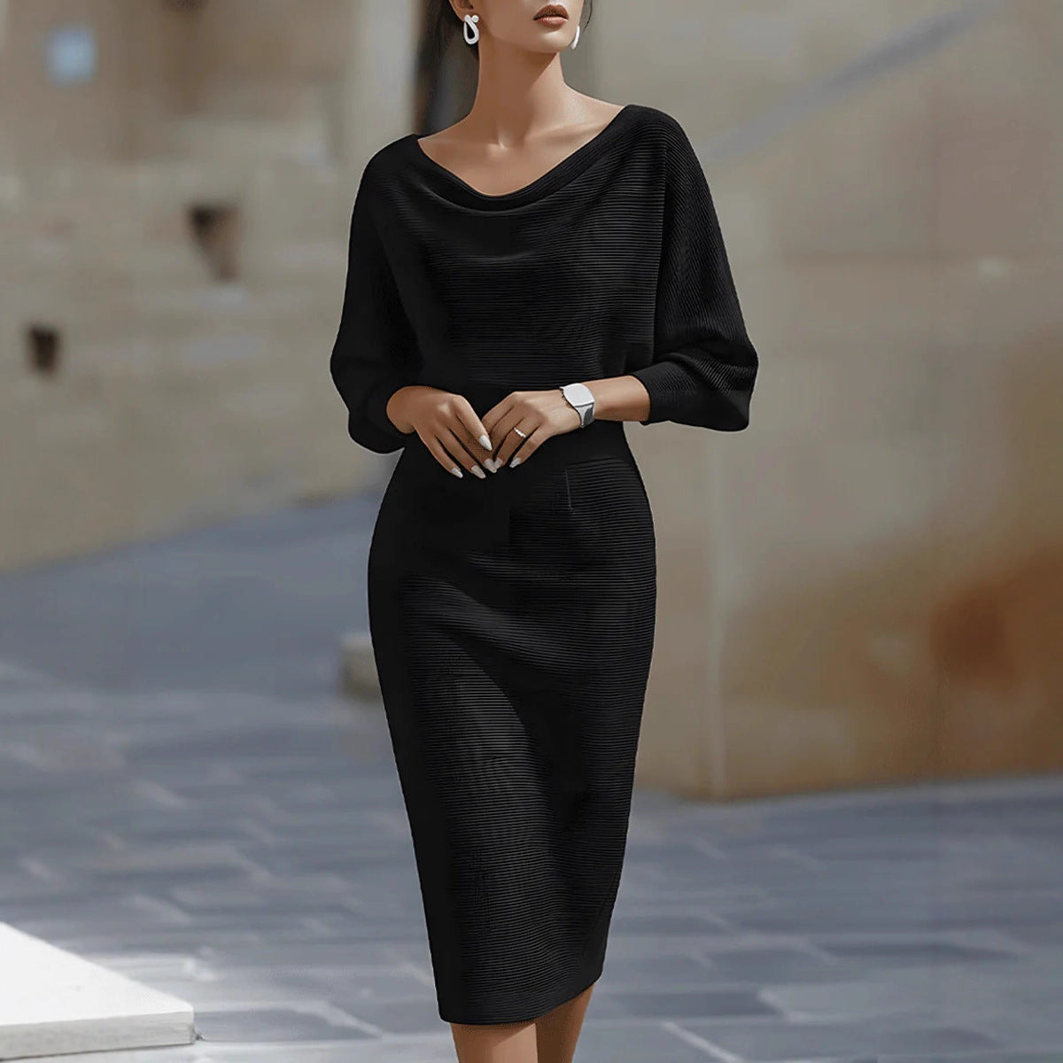 Midi Kleid Damen mit U-Boot-Ausschnitt und Puffärmeln - 14 - Jasminaboutique.com