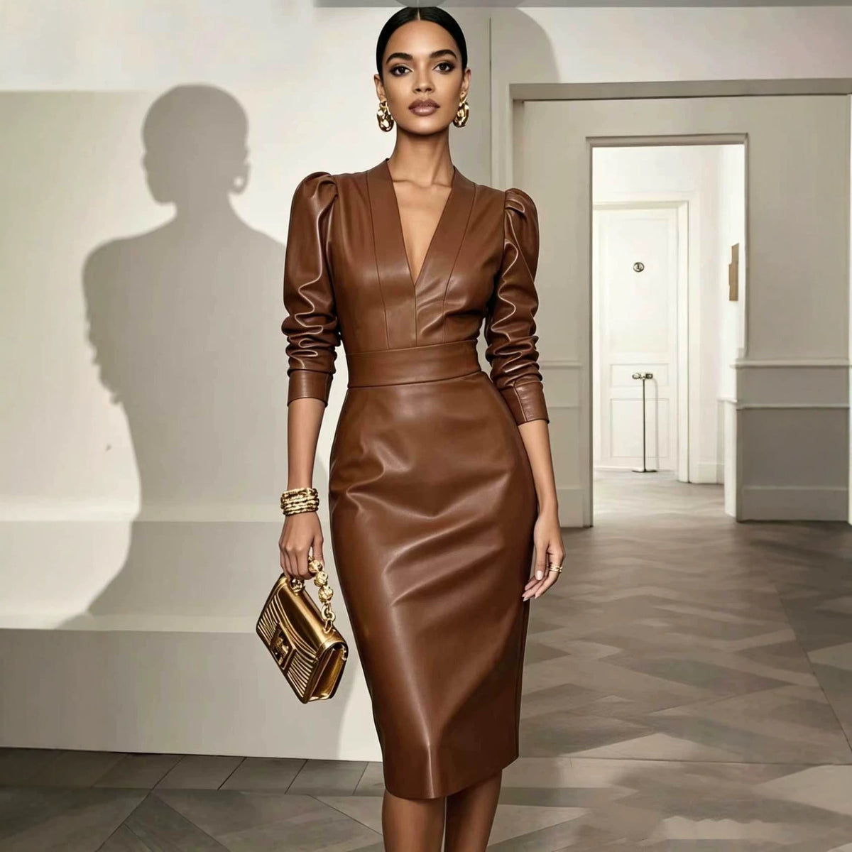 Wickelkleid Damen mit V-Ausschnitt und Puffärmeln - 3 - Jasminaboutique.com
