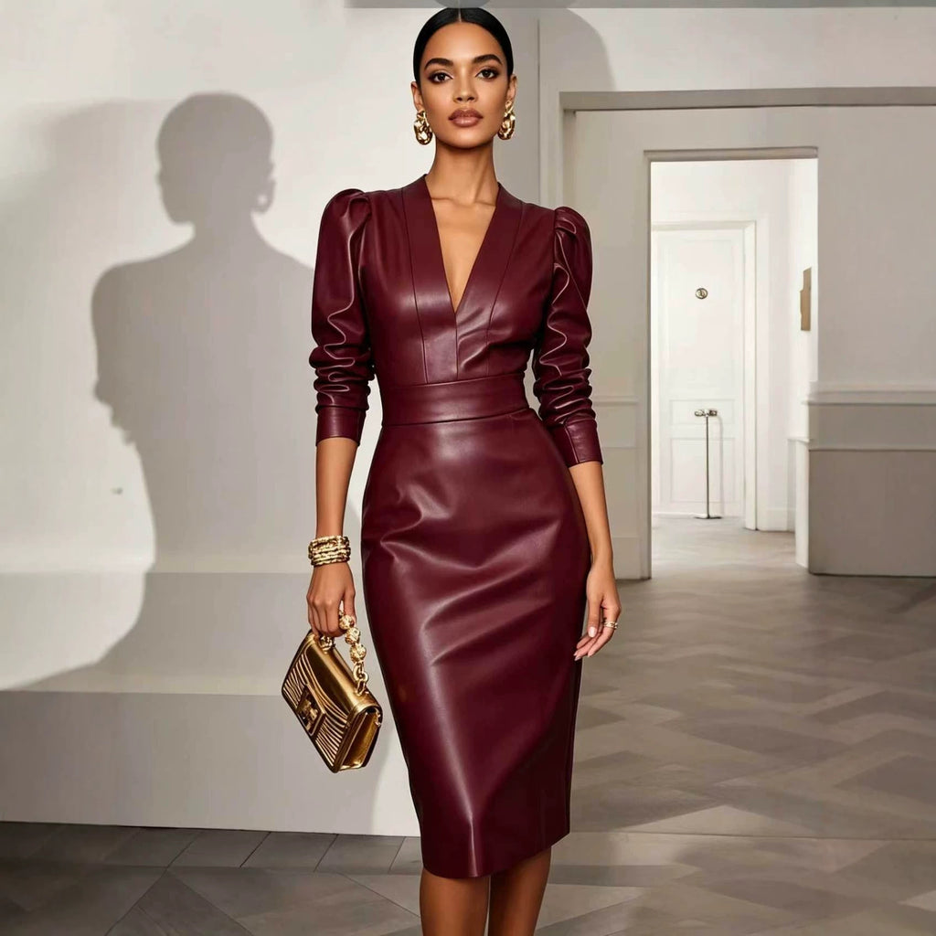Wickelkleid Damen mit V-Ausschnitt und Puffärmeln - 4 - Jasminaboutique.com