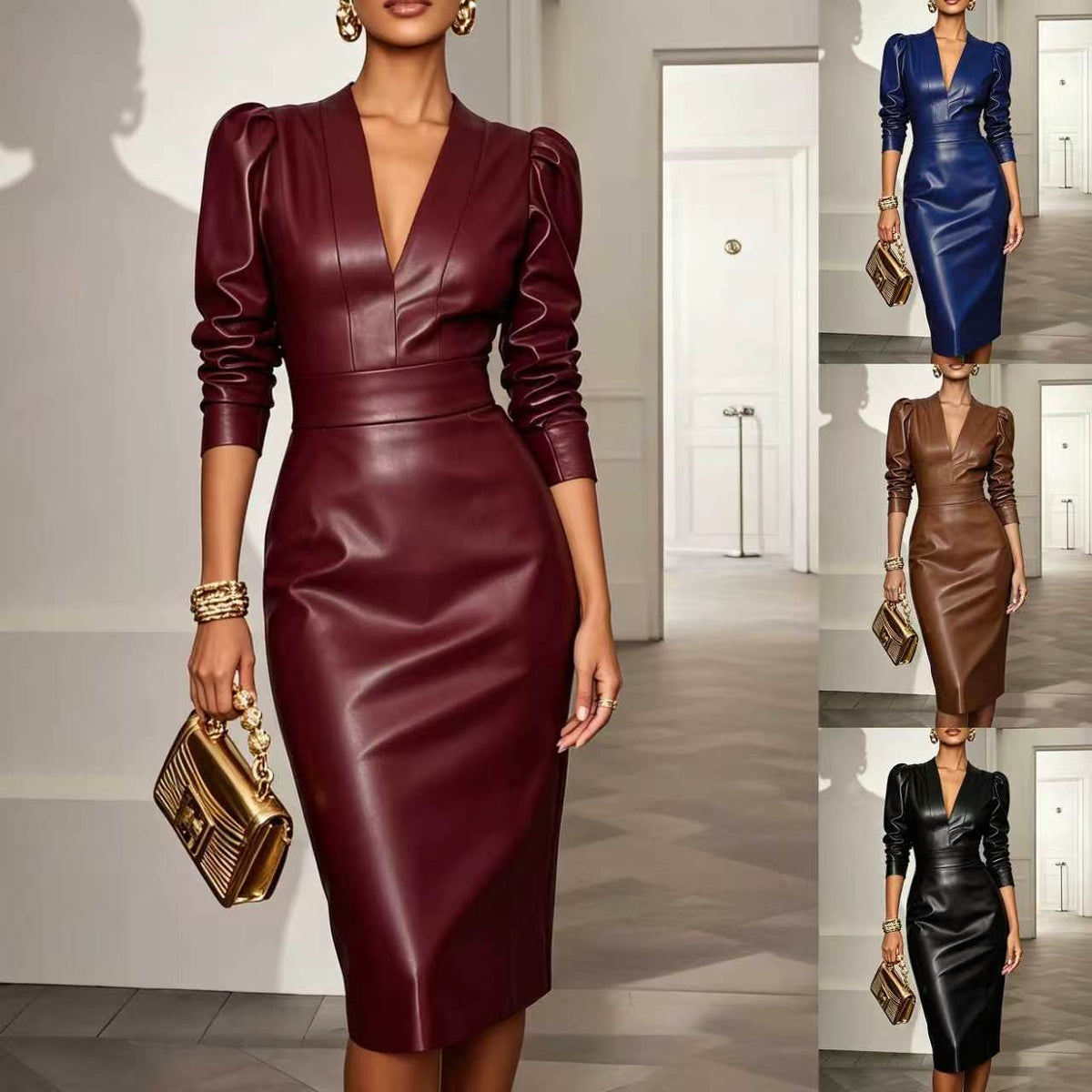 Wickelkleid Damen mit V-Ausschnitt und Puffärmeln - 6 - Jasminaboutique.com