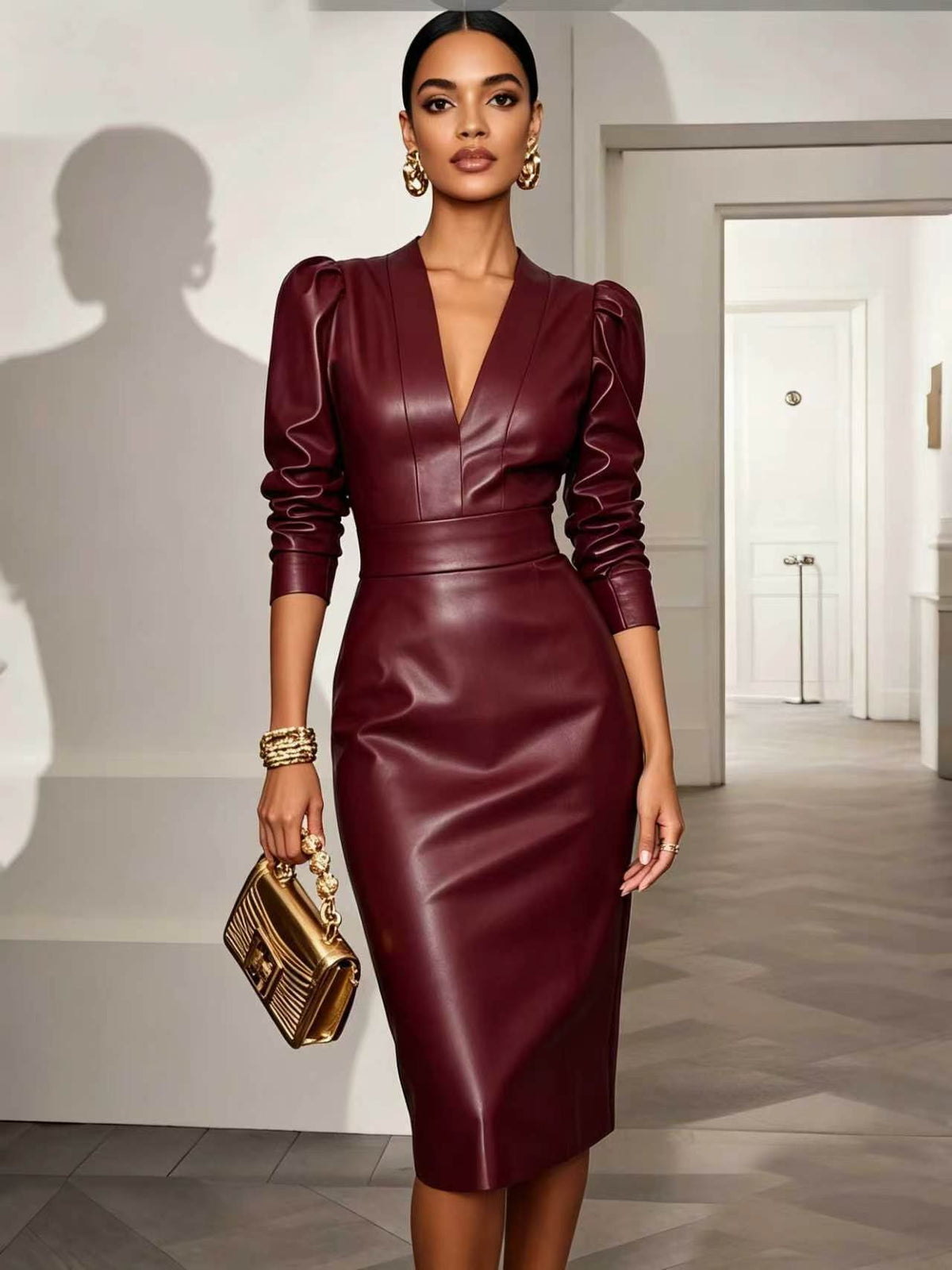 Wickelkleid Damen mit V-Ausschnitt und Puffärmeln - 7 - Jasminaboutique.com