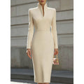 Kleid Damen mit Stehkragen und Langarm, taillierter Schnitt, figurbetont - 1 - Jasminaboutique.com