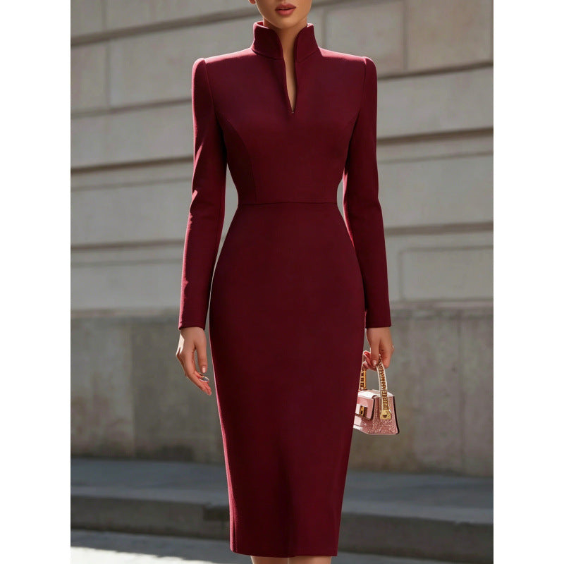 Kleid Damen mit Stehkragen und Langarm, taillierter Schnitt, figurbetont - 2 - Jasminaboutique.com