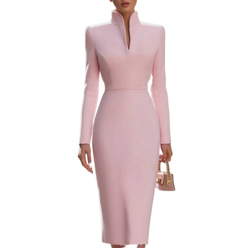 Kleid Damen mit Stehkragen und Langarm, taillierter Schnitt, figurbetont - 4 - Jasminaboutique.com