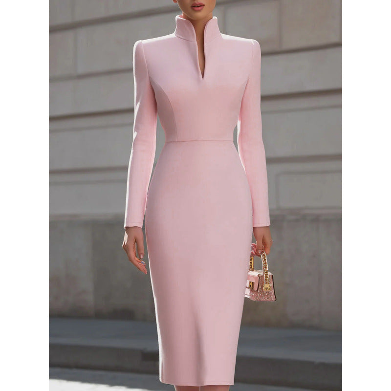 Kleid Damen mit Stehkragen und Langarm, taillierter Schnitt, figurbetont - 6 - Jasminaboutique.com