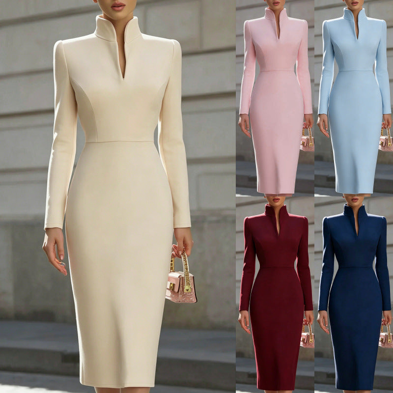 Kleid Damen mit Stehkragen und Langarm, taillierter Schnitt, figurbetont - 7 - Jasminaboutique.com